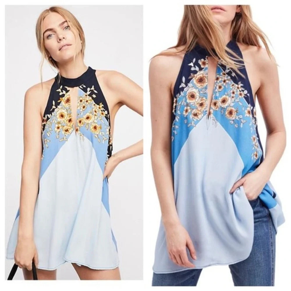NWT Free People Beat My Heart Blue Floral Tunic Tie Neck Halter Keyhole Size XS